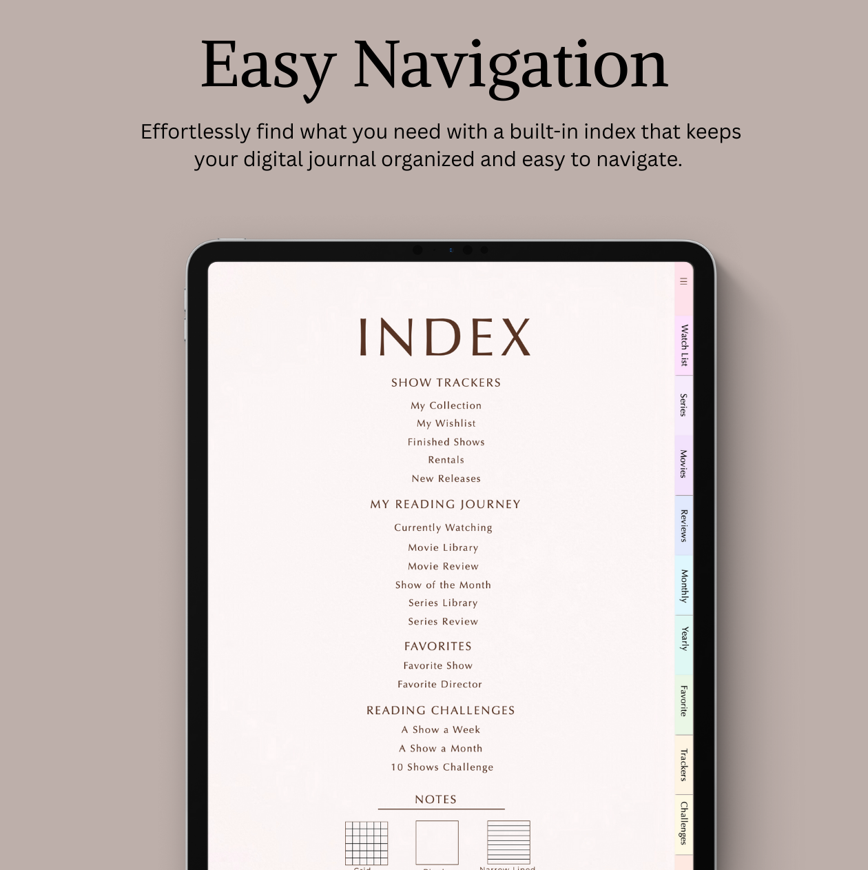 Digital journal app interface with an index on a tablet, featuring text about easy navigation.